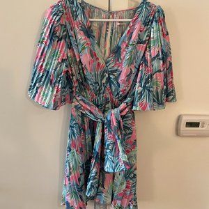 Saylor Byrd Mini Dress Womens XS Blue Pink Floral Pleated Ladies